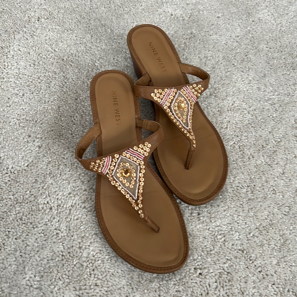 Beaded wedge flip flops